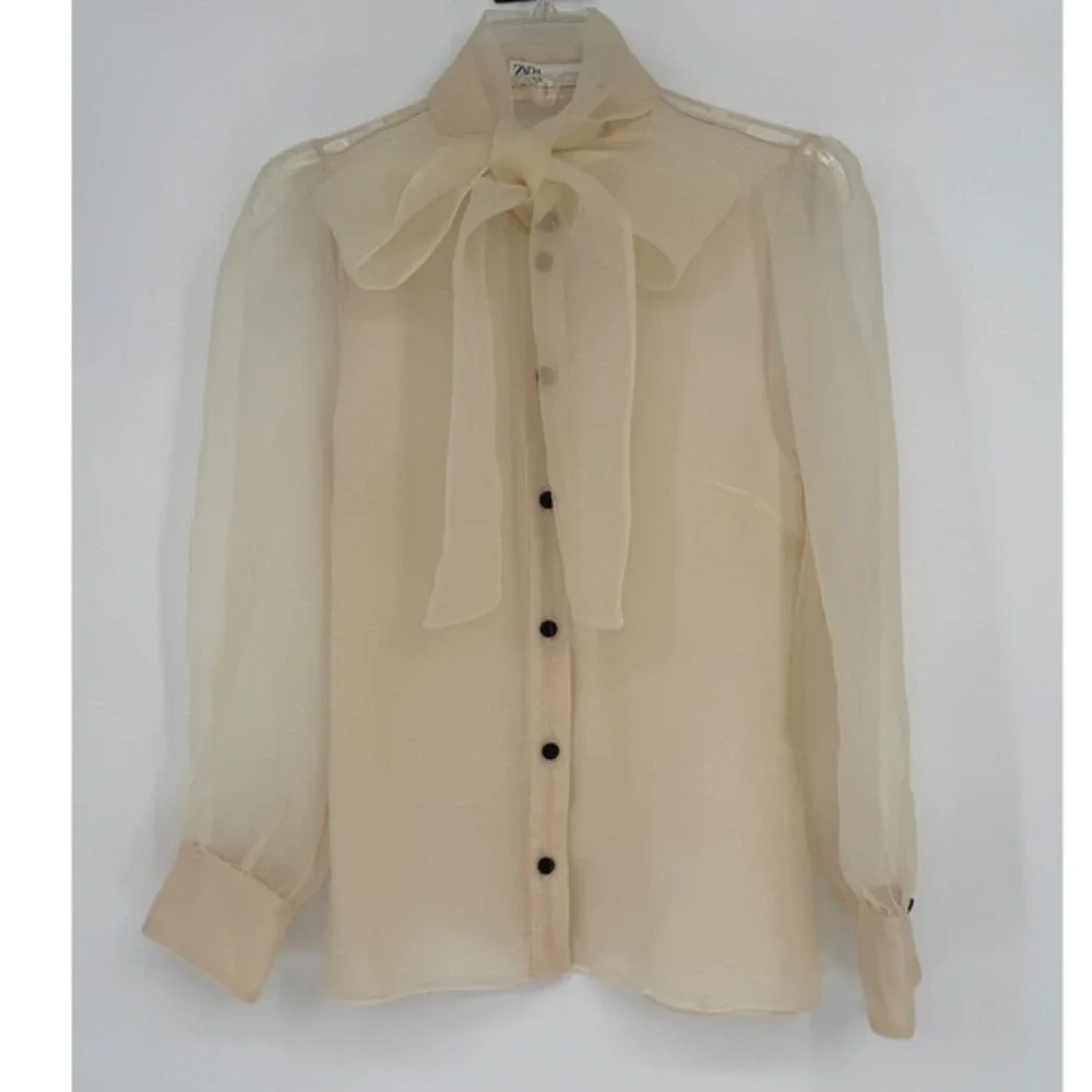 Zara Organza Bow Blouse Cream Sheer Button Front Top L Soft Femininity 102-08